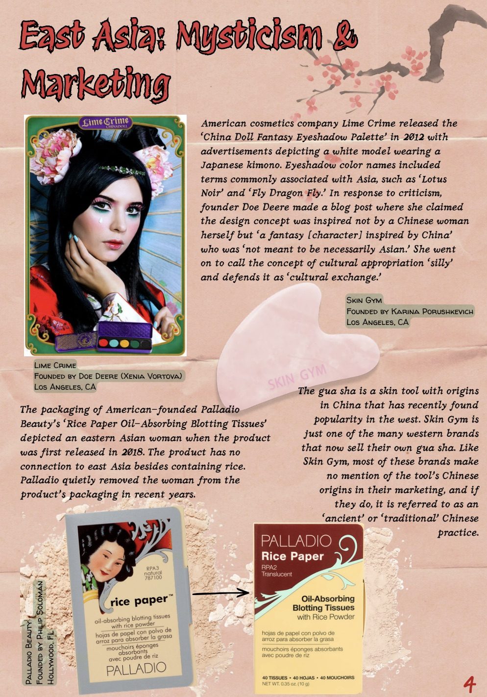 Zine spread titled East Asia Mysticism and Marketing, featuring Lime Crime and Palladio Beauty case studies