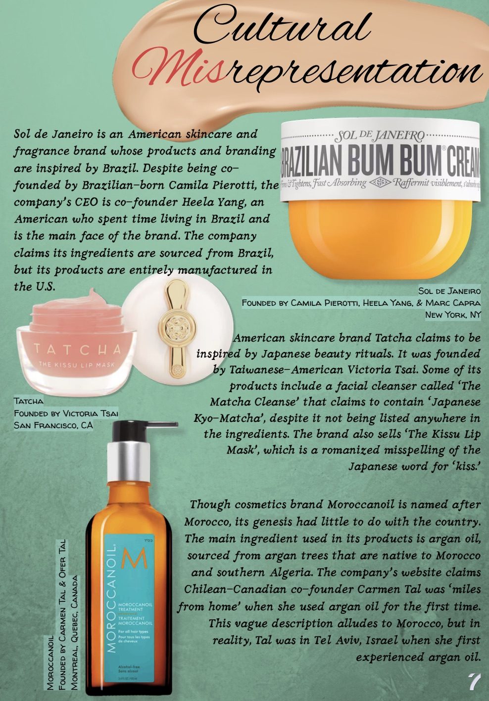 Zine spread titled Cultural Misrepresentation featuring Sol de Janeiro, Tatcha, and Moroccanoil case studies